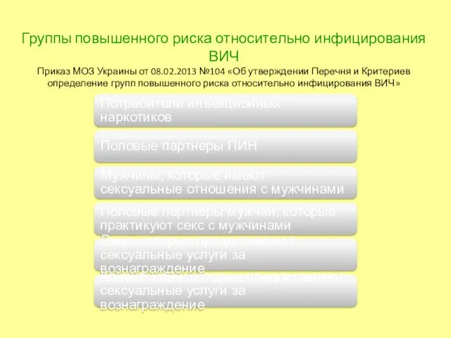 Группы повышенного риска относительно инфицирования ВИЧ Приказ МОЗ Украины от 08.02.2013