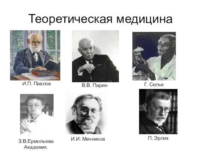 Теоретическая медицина И.П. Павлов В.В. Парин Г. Селье И.И. Мечников П. Эрлих З.В.Ермольева Академик.