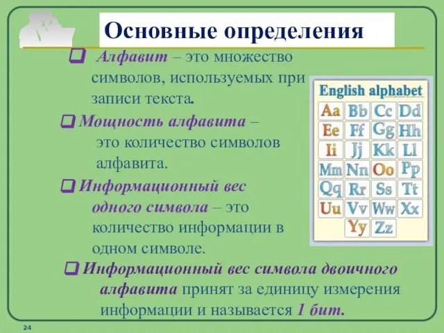 Основные определения Алфавит – это множество символов, используемых при записи текста.