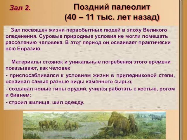 Поздний палеолит (40 – 11 тыс. лет назад) Зал 2. Зал