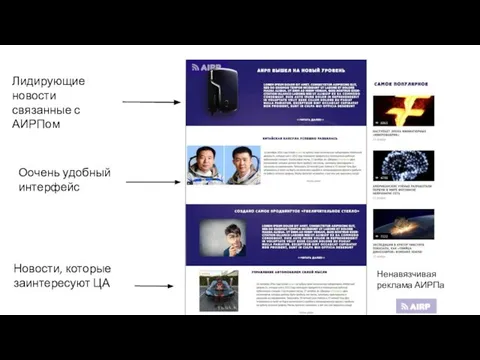 Лидирующие новости связанные с АИРПом Новости, которые заинтересуют ЦА Оочень удобный интерфейс Ненавязчивая реклама АИРПа