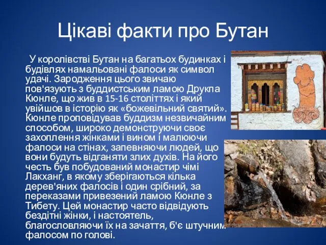 Цікаві факти про Бутан У королівстві Бутан на багатьох будинках і