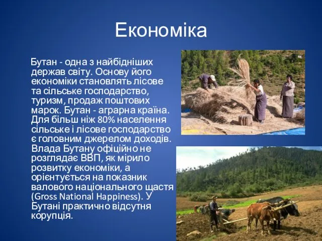 Економіка Бутан - одна з найбідніших держав світу. Основу його економіки