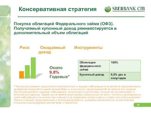 Консервативная стратегия Покупка облигаций Федерального займа (ОФЗ). Получаемый купонный доход реинвестируется