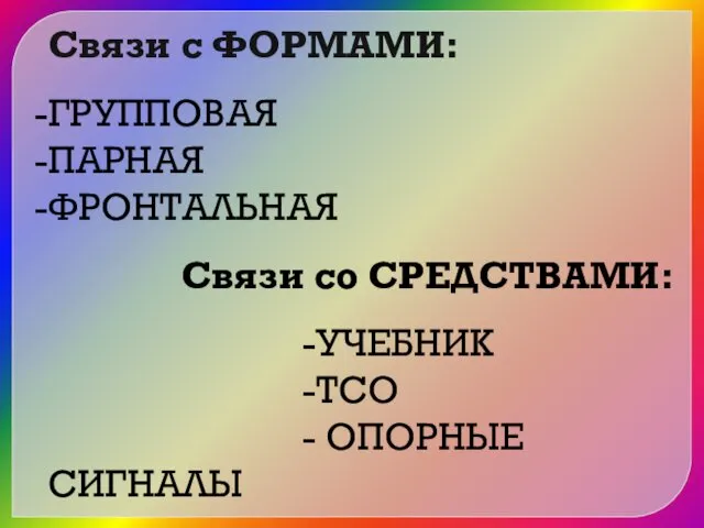 Связи с ФОРМАМИ: ГРУППОВАЯ ПАРНАЯ ФРОНТАЛЬНАЯ Связи со СРЕДСТВАМИ: -УЧЕБНИК -ТСО - ОПОРНЫЕ СИГНАЛЫ