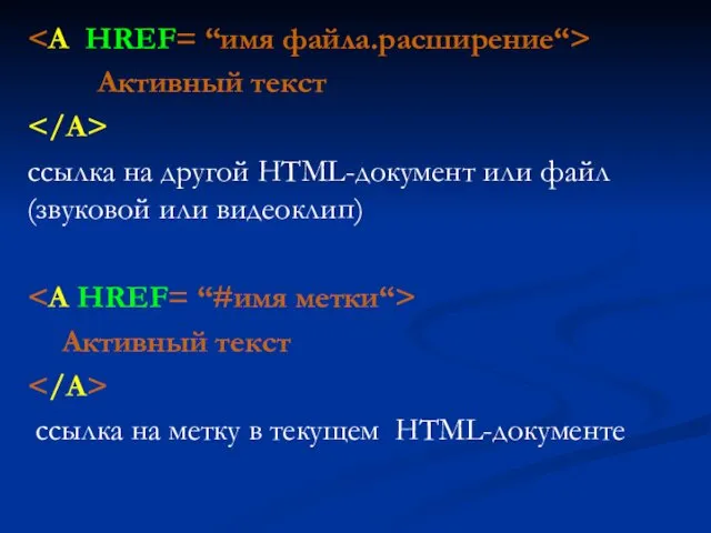 Активный текст ссылка на другой HTML-документ или файл (звуковой или видеоклип)