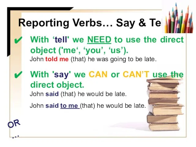 Reporting Verbs… Say & Tell With ‘tell' we NEED to use