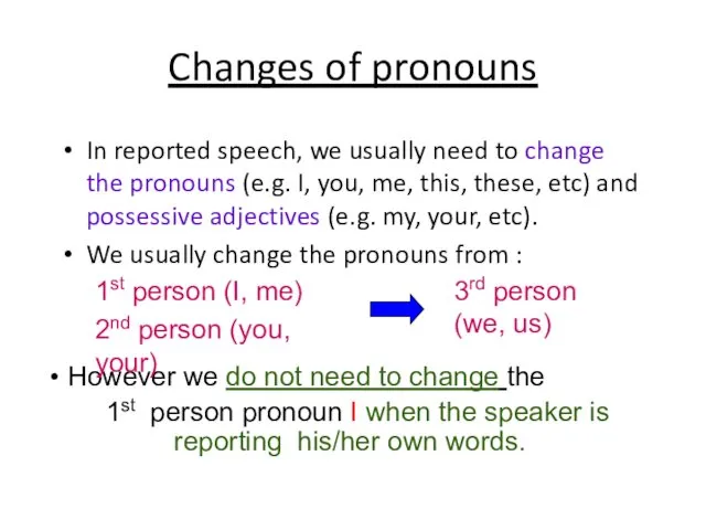 Changes of pronouns In reported speech, we usually need to change