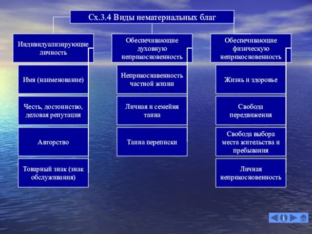 Сх.3.4 Виды нематериальных благ Индивидуализирующие личность Обеспечивающие физическую неприкосновенность Обеспечивающие духовную