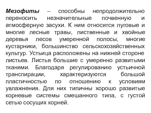 Мезофиты – способны непродолжительно переносить незначительные почвенную и атмосферную засухи. К