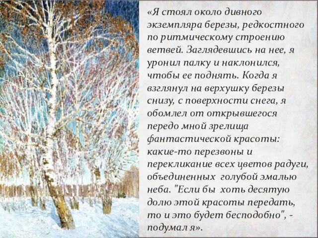 «Я стоял около дивного экземпляра березы, редкостного по ритмическому строению ветвей.