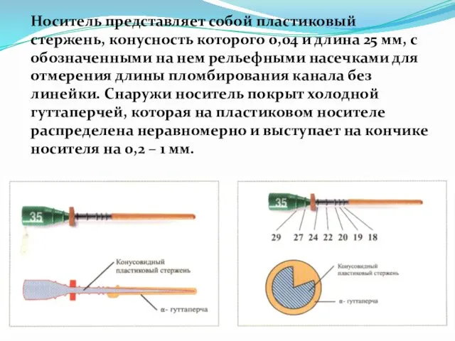 Носитель представляет собой пластиковый стержень, конусность которого 0,04 и длина 25