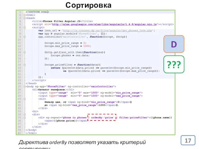 Сортировка данных Директива orderBy позволяет указать критерий сортировки. ??? D