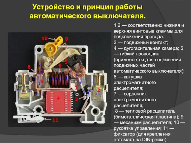 Устройство и принцип работы автоматического выключателя. 1,2 — соответственно нижняя и