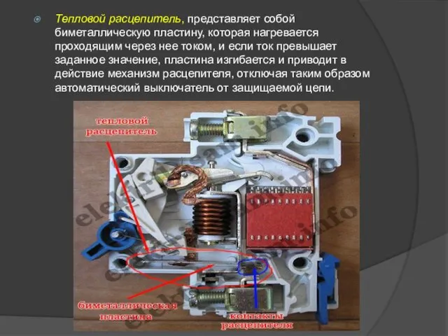 Тепловой расцепитель, представляет собой биметаллическую пластину, которая нагревается проходящим через нее