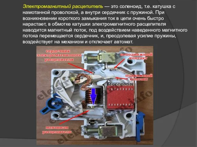 Электромагнитный расцепитель — это соленоид, т.е. катушка с намотанной проволокой, а