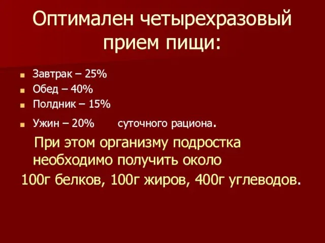 Оптимален четырехразовый прием пищи: Завтрак – 25% Обед – 40% Полдник