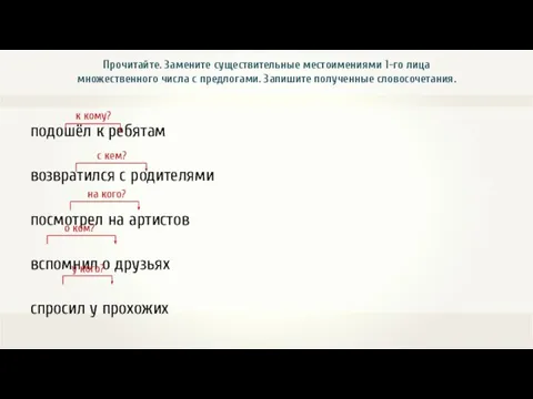 подошёл к ребятам возвратился с родителями посмотрел на артистов вспомнил о