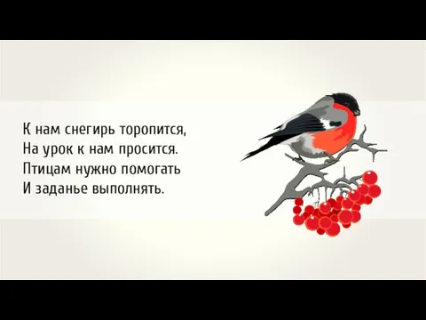 К нам снегирь торопится, На урок к нам просится. Птицам нужно помогать И заданье выполнять.