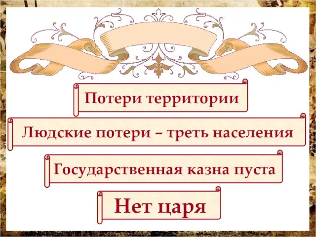 итоги смутного времени Потери территории Людские потери – треть населения Государственная казна пуста Нет царя