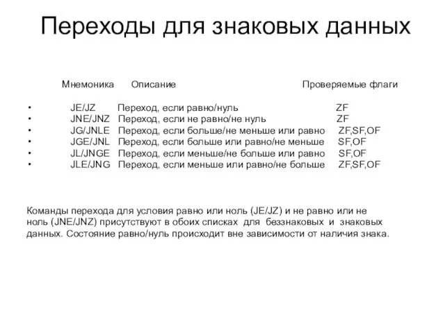 Переходы для знаковых данных Мнемоника Описание Проверяемые флаги JE/JZ Переход, если