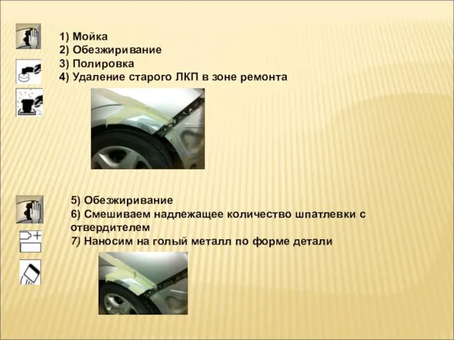 1) Мойка 2) Обезжиривание 3) Полировка 4) Удаление старого ЛКП в