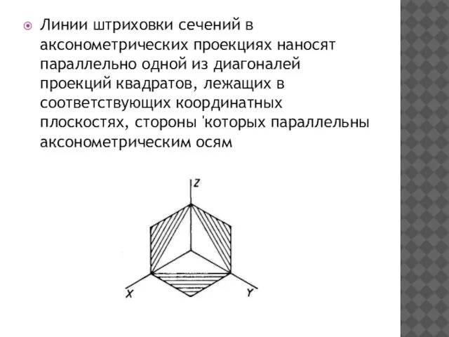 Линии штриховки сечений в аксонометрических проекциях наносят параллельно одной из диагоналей