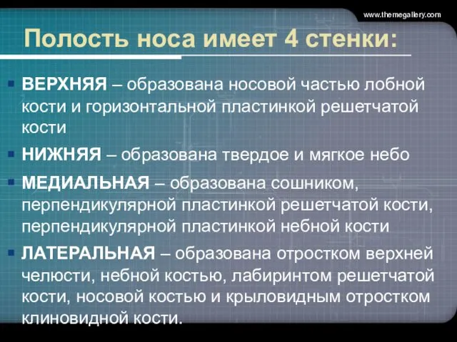 Полость носа имеет 4 стенки: ВЕРХНЯЯ – образована носовой частью лобной