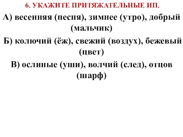 6. УКАЖИТЕ ПРИТЯЖАТЕЛЬНЫЕ ИП. А) весенняя (песня), зимнее (утро), добрый (мальчик)