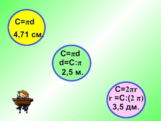 4,71 см. 2,5 м. 3,5 дм. С=πd С=πd d=С:π r =C:(2 π) C=2πr