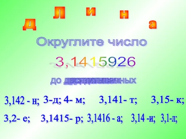 3,1415926 Округлите число до целых 4- м; 3,141- т; 3,15- к;