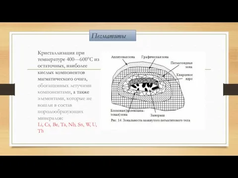 Пегматиты Кристаллизация при температуре 400—600°С из остаточных, наиболее кислых компонентов магматического