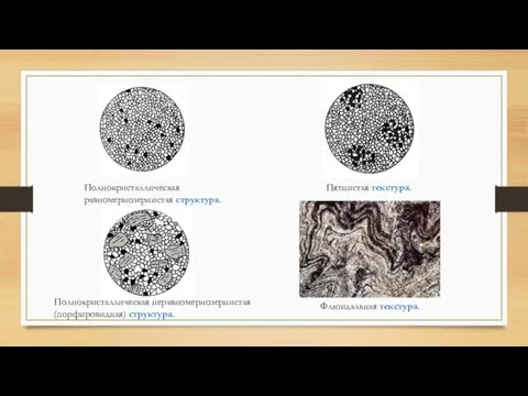 Полнокристаллическая равномернозернистая структура. Полнокристаллическая неравномернозернистая (порфировидная) структура. Пятнистая текстура. Флюидальная текстура.