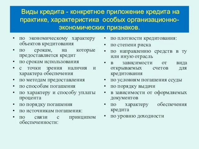 Виды кредита - конкретное приложение кредита на практике, характеристика особых организационно-