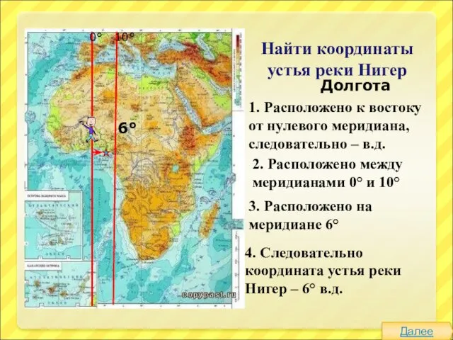 Найти координаты устья реки Нигер Долгота 1. Расположено к востоку от