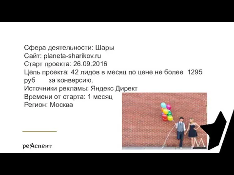 Сфера деятельности: Шары Сайт: planeta-sharikov.ru Старт проекта: 26.09.2016 Цель проекта: 42