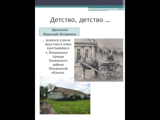 Детство, детство … Драгунов Николай Петрович родился 3 июля 1924 года