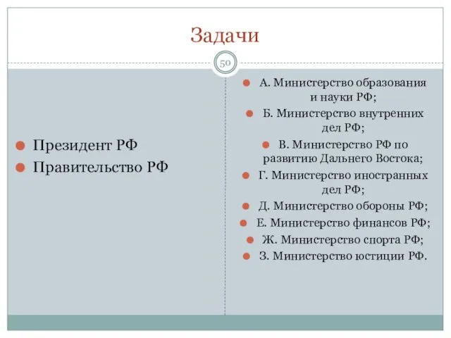 Задачи Президент РФ Правительство РФ А. Министерство образования и науки РФ;