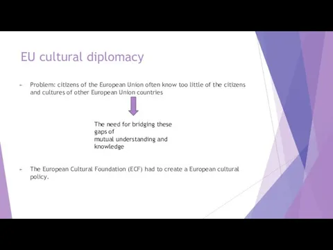 EU cultural diplomacy Problem: citizens of the European Union often know