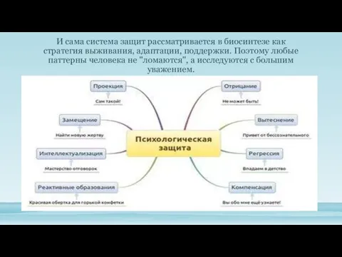 И сама система защит рассматривается в био­синтезе как стратегия выживания, адаптации,