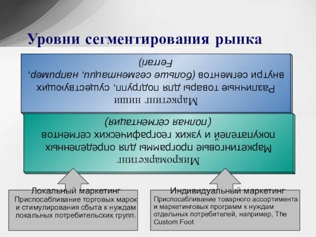 Маркетинг ниши Различные товары для подгрупп, существующих внутри сегментов (больше сегментации,