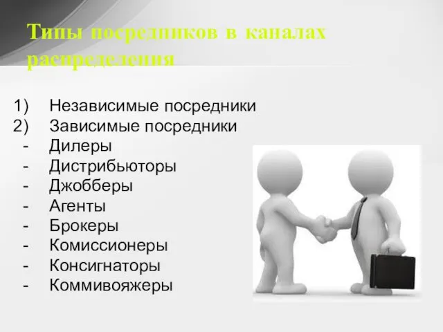 Типы посредников в каналах распределения Независимые посредники Зависимые посредники Дилеры Дистрибьюторы