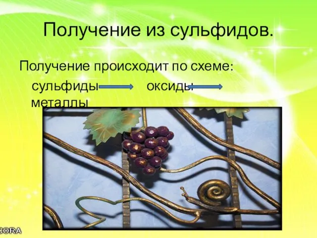 Получение из сульфидов. Получение происходит по схеме: сульфиды оксиды металлы