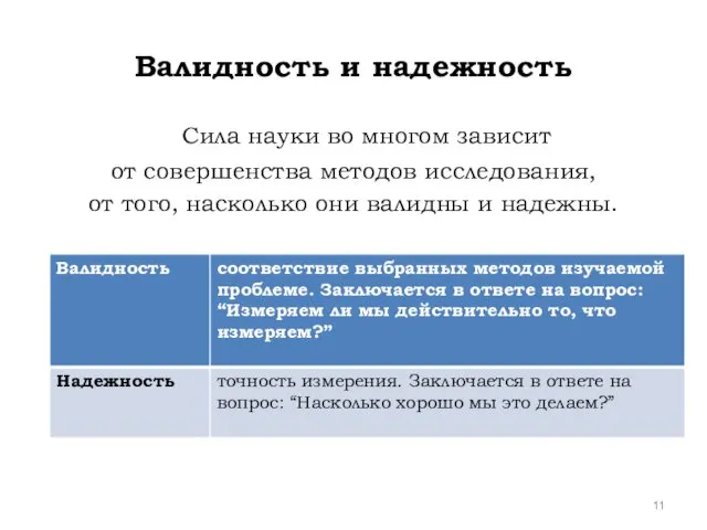 Валидность и надежность Сила науки во многом зависит от совершенства методов