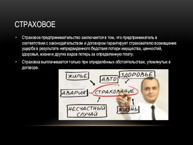 СТРАХОВОЕ Страховое предпринимательство заключается в том, что предприниматель в соответствии с