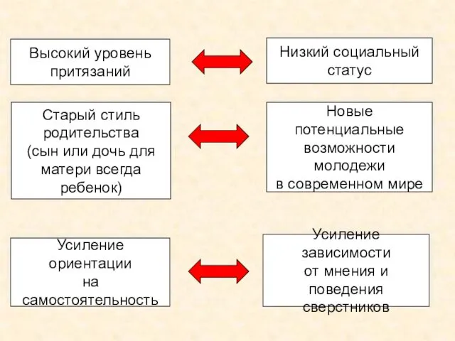 Высокий уровень притязаний Низкий социальный статус Старый стиль родительства (сын или