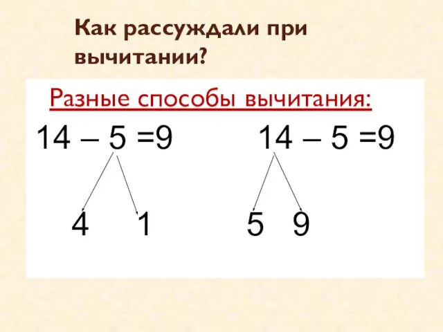 Как рассуждали при вычитании? Разные способы вычитания: 14 – 5 =9