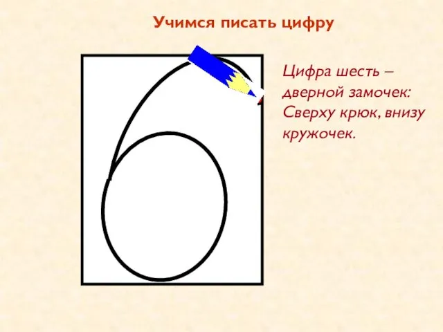 Учимся писать цифру Цифра шесть – дверной замочек: Сверху крюк, внизу кружочек.