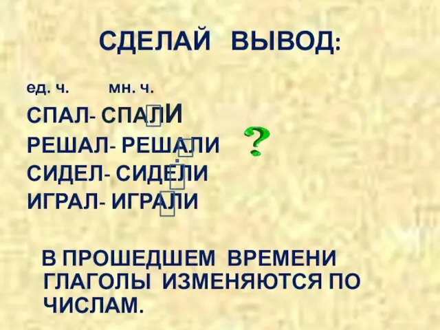 СДЕЛАЙ ВЫВОД: ед. ч. мн. ч. СПАЛ- СПАЛИ РЕШАЛ- РЕШАЛИ СИДЕЛ-