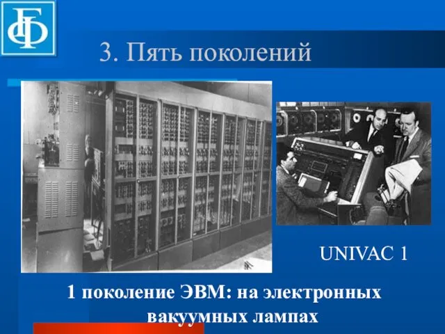 UNIVAC 1 1 поколение ЭВМ: на электронных вакуумных лампах 3. Пять поколений